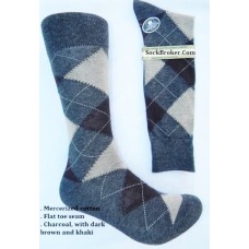 Charcoal Brown Ivory Cotton Argyle Dress Socks- Men's