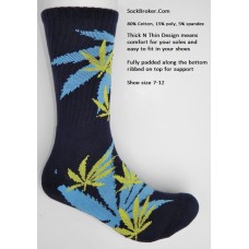 Navy marijuana leaf padded  thick N thin cotton crew socks