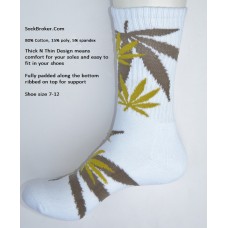 White with brown marijuana leaf padded  thick N thin cotton crew socks