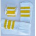23 " White tube socks with three yellow / gold stripes