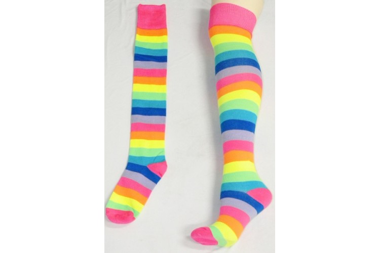 Thigh High Neon Pink Rainbow Striped Socks