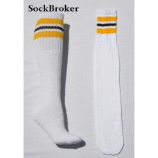 White tube socks with yellow and black 3 triple stripe knee high socks  