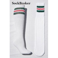 White tube socks with Green and red triple striped  knee high socks