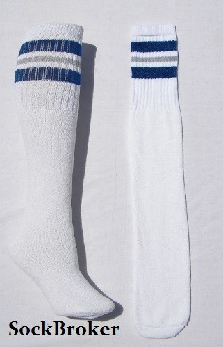 22-76 22” KNEE HIGH WHITE tube socks with ROYAL BLUE/GREEN stripes style 3 