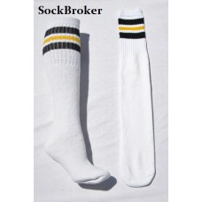 White tube socks with Black with yellow 3 triple stripe knee high socks