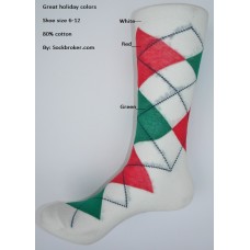 White with green, red combed cotton argyle dress socks size 8-12
