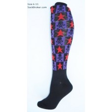 Size 6-10 Black / purple checkered skull & bones star knee high socks