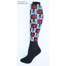 size 6-10 Black / white checkered skull & bones star knee high socks