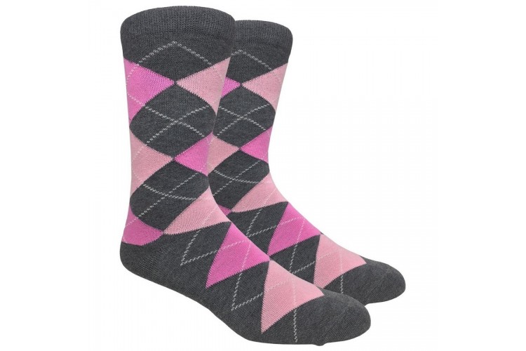 Charcoal and Pink Cotton Argyle Dress Socks