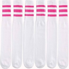 23 " White cotton tube socks with 3 hot pink stripes