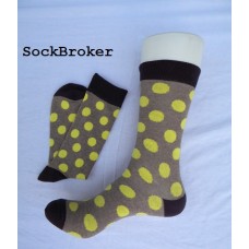  Brown with yellow polka dots cotton crew / dress socks-men's