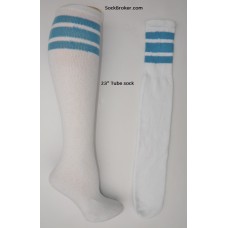 22 inch White cotton tube socks with 3 light blue stripes