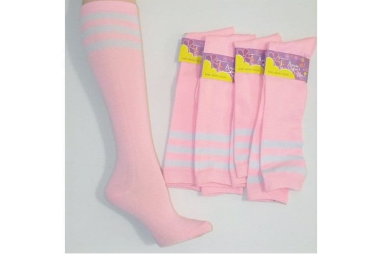 Cotton Pink Knee High Socks 3 White Stripes