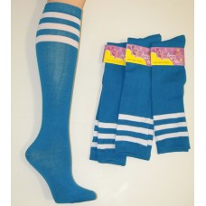 Cotton Turquoise Blue Knee High Socks 3 White Stripes Cotton Turquoise Blue Knee High Socks 3 White Stripes