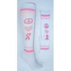 White and pink pink Cancer Awareness knee high socks  "peace, ribbon heart"