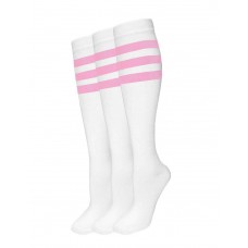 White With Three Pink Striped Knee High Socks