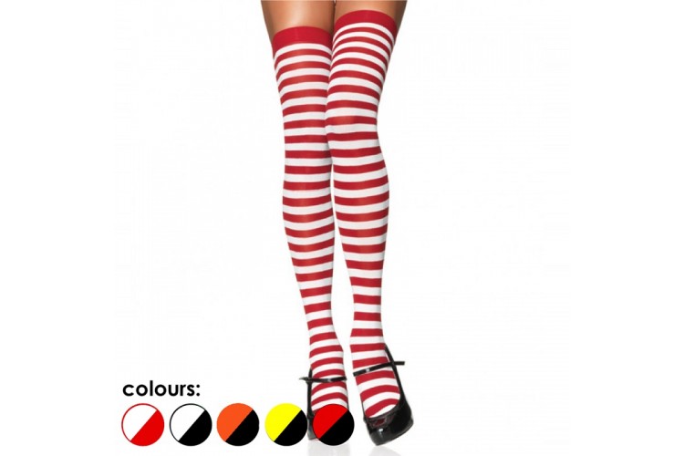 Opaque Red And White Skinny Striped Thigh High Socks