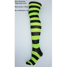 Black, neon green cotton thick striped over the knee socks