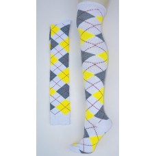 White with gray and yellow over the knee cotton argyle socks size 4-9