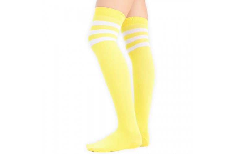 Cotton neon yellow and white 3 striped over the knee thigh high socks