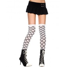 Opaque black and white checkered thigh-hi with crossbone Print by Music Legs Opaque black and white checkered thigh-hi with crossbone Print by Music Legs