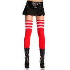 Thigh high red athlete tube socks with 3 white stripes