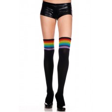 Acrylic thigh hi socks with rainbow stripes top
