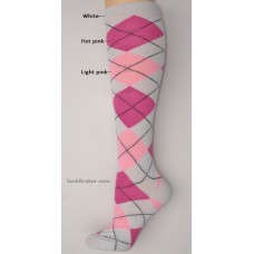 White with light and hot pink argyle knee high socks